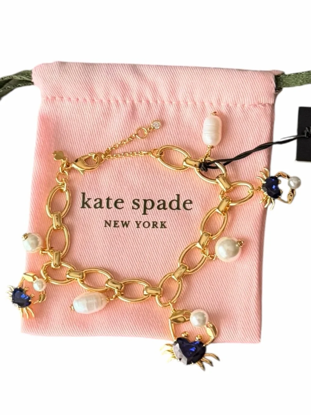 kate spade Gold “Claws Out” Sapphire Blue Cubic Zirconia Crab Charm Bracelet 🦀